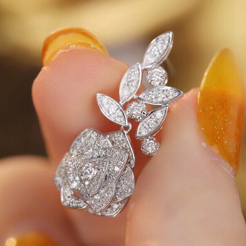 14k Gold 1 Ct Natural H Diamond & Flowers Earrings - 2