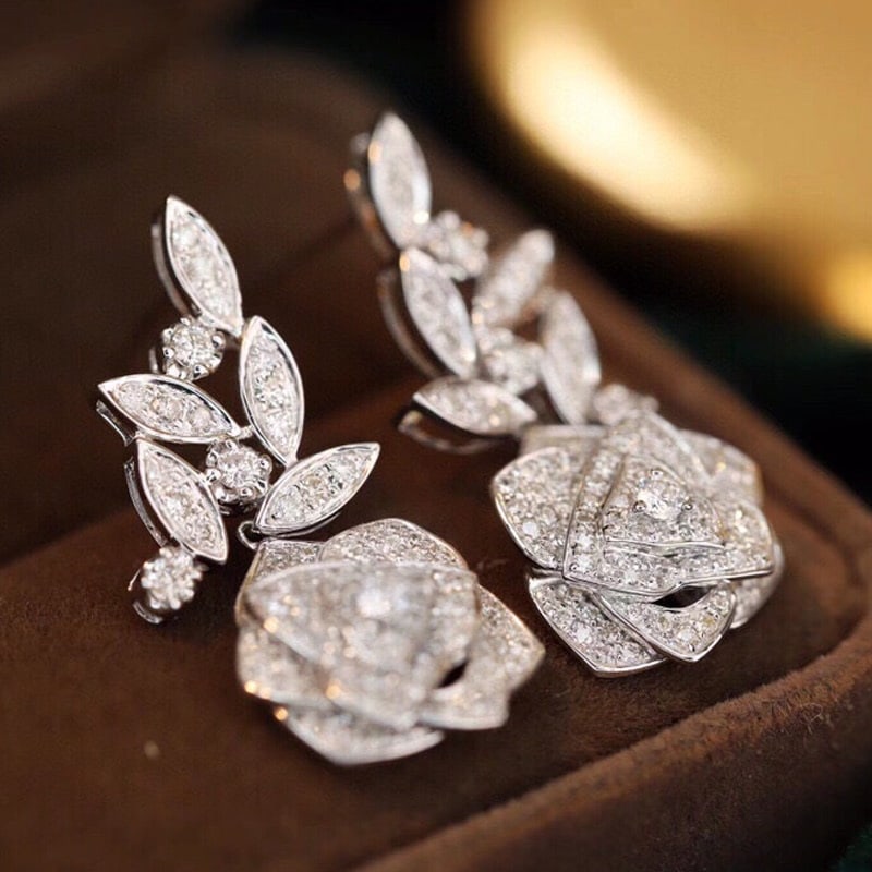 14k Gold 1 Ct Natural H Diamond & Flowers Earrings - 8