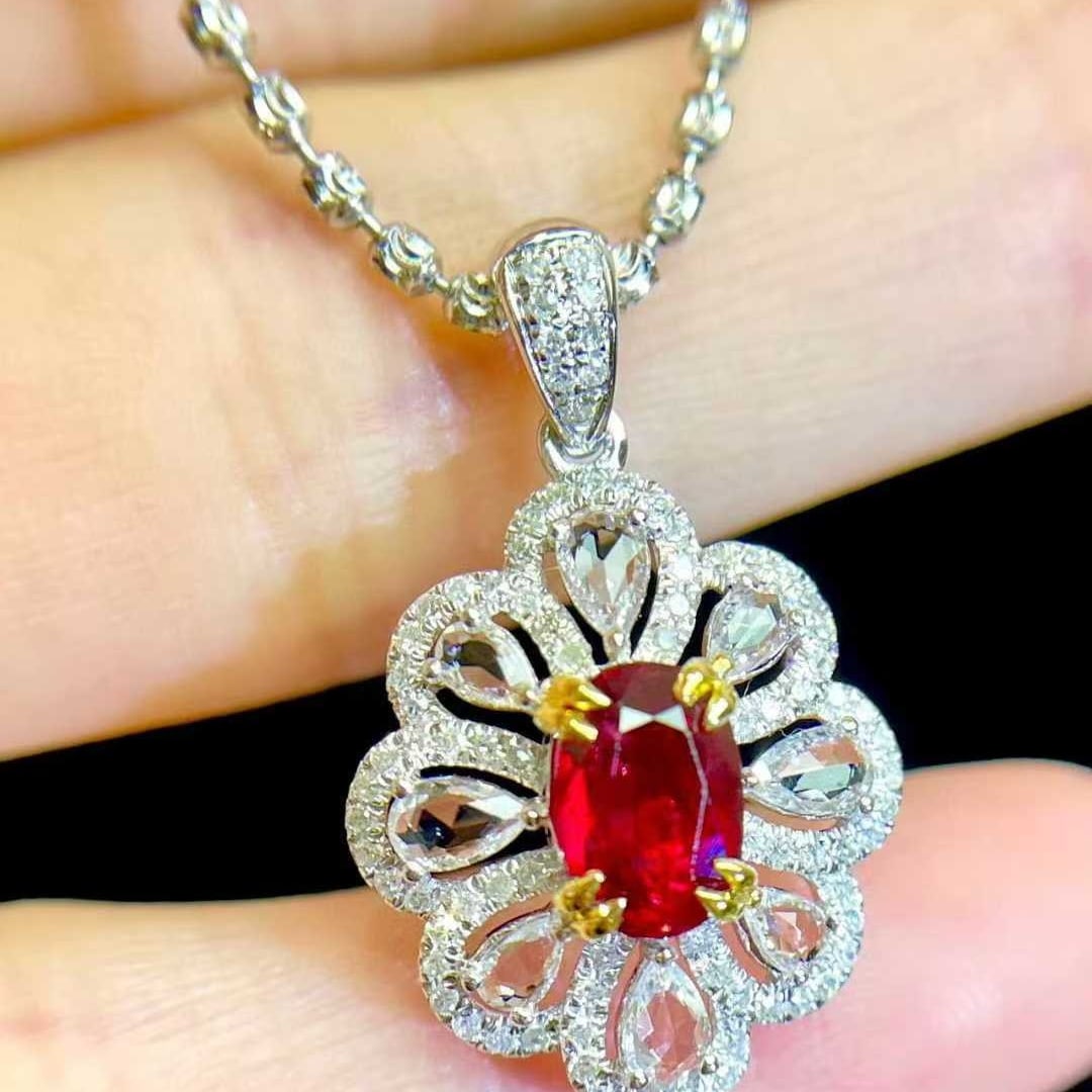 14k Gold 1.05 Ct Natural Ruby & Diamond & Sapphire Pendant( Without Chain ) - 2
