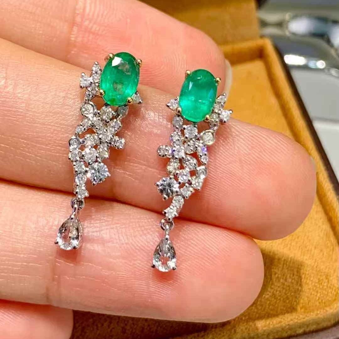 14k Gold 1 Ct Natural Emerald & Diamond & Sapphire Earrings - 2