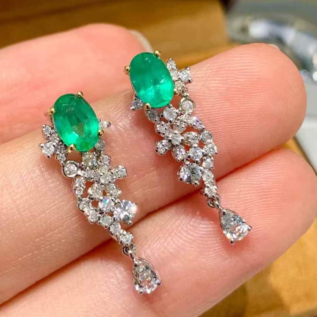 14k Gold 1 Ct Natural Emerald & Diamond & Sapphire Earrings - 3