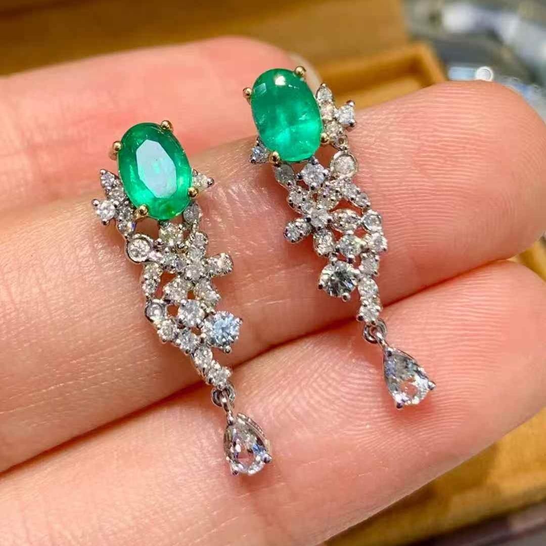 14k Gold 1 Ct Natural Emerald & Diamond & Sapphire Earrings - 4