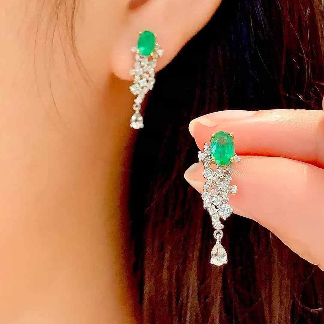 14k Gold 1 Ct Natural Emerald & Diamond & Sapphire Earrings - 5
