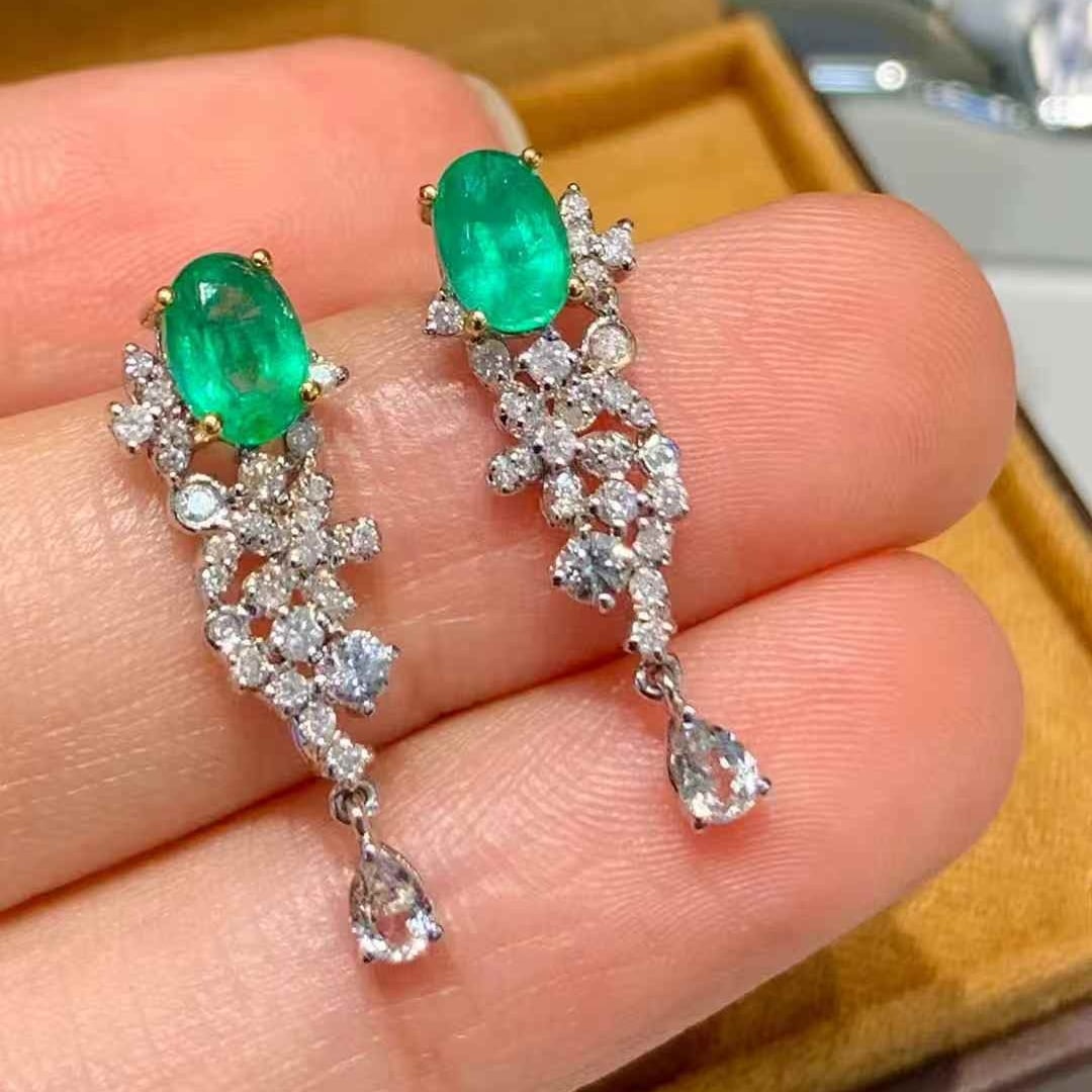 14k Gold 1 Ct Natural Emerald & Diamond & Sapphire Earrings - 6