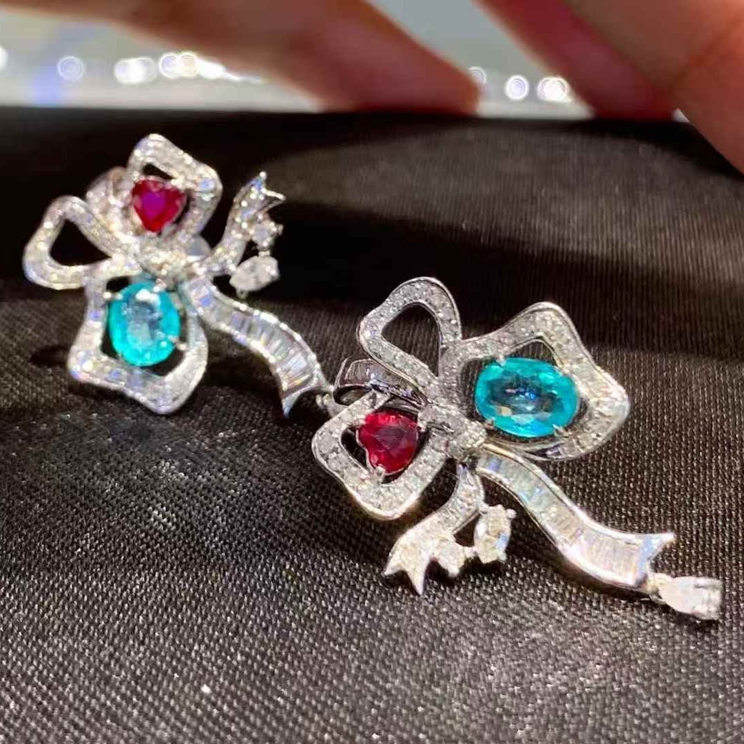 14k Gold 1.4 Ct Natural Paraiba Tourmaline & Ruby & Diamond Earrings - 2