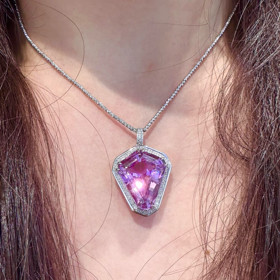 14k Gold 18.6 Ct Natural Kunzite & Diamond Pendant( Without Chain ) - 4