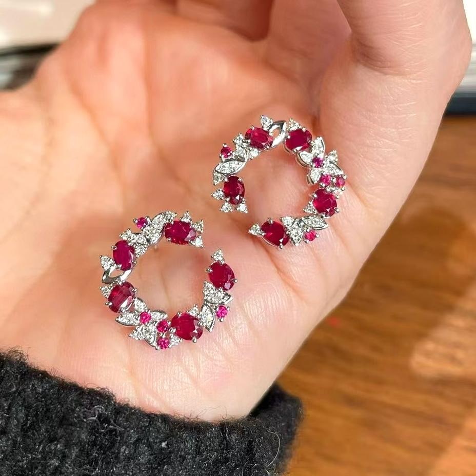 14k Gold 1 Ct Natural Ruby & Diamond Earrings - 2