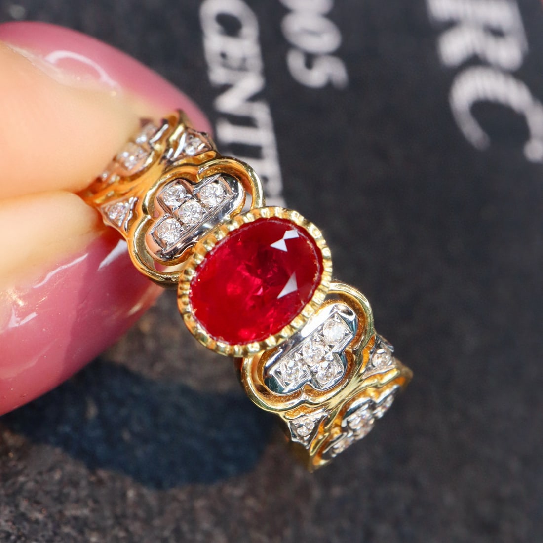 14k Gold 1.34 Ctw Natural Ruby & Diamond Ring: Ref:231043230 // gold content:14k gold // ring size:7. 25us // // main gemstone:ruby // shape:oval // carat weight:1. 08ct // color:pigeonblood red // treatment:natural // // adjacent gemstone 2 : dia