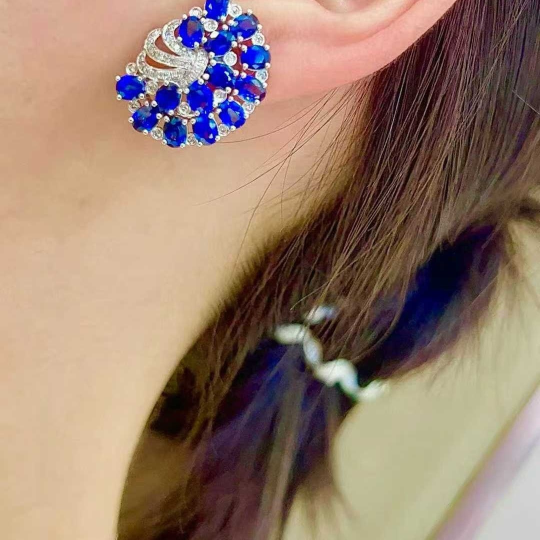 14k Gold 7 Ct Natural Sapphire & Diamond Earrings - 3