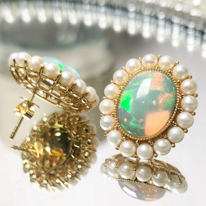 14k Gold 6.57 Ct Natural Opal & Pearl Earrings - 2