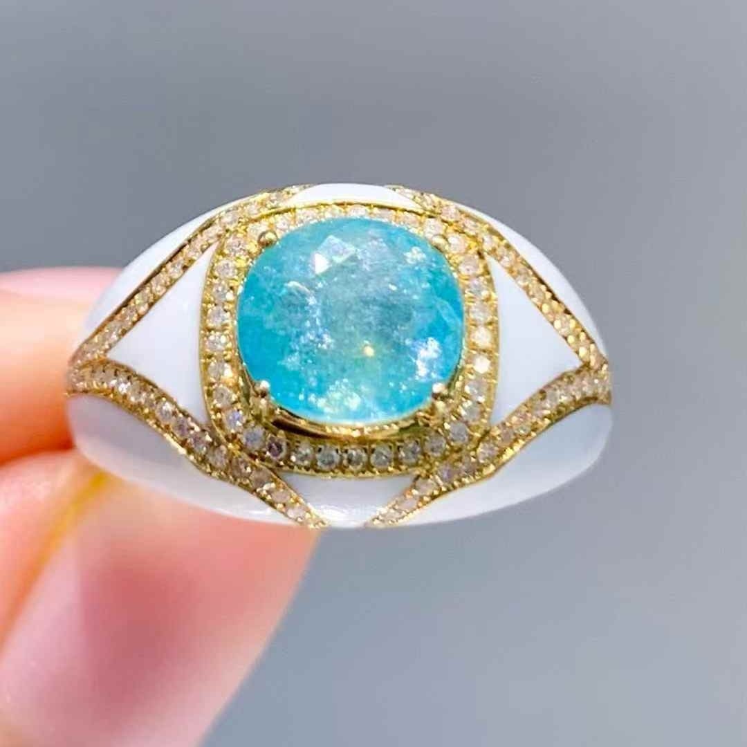 14k Gold 1.8 Ct Natural Paraiba Tourmaline & Diamond Ring: Ref:231043256 // gold content:14k gold // ring size:7. 25us // // main gemstone:paraiba tourmaline // shape:oval // carat weight:1. 8ct // color:blue // treatment:natural // // adjacent gemstone 2 :