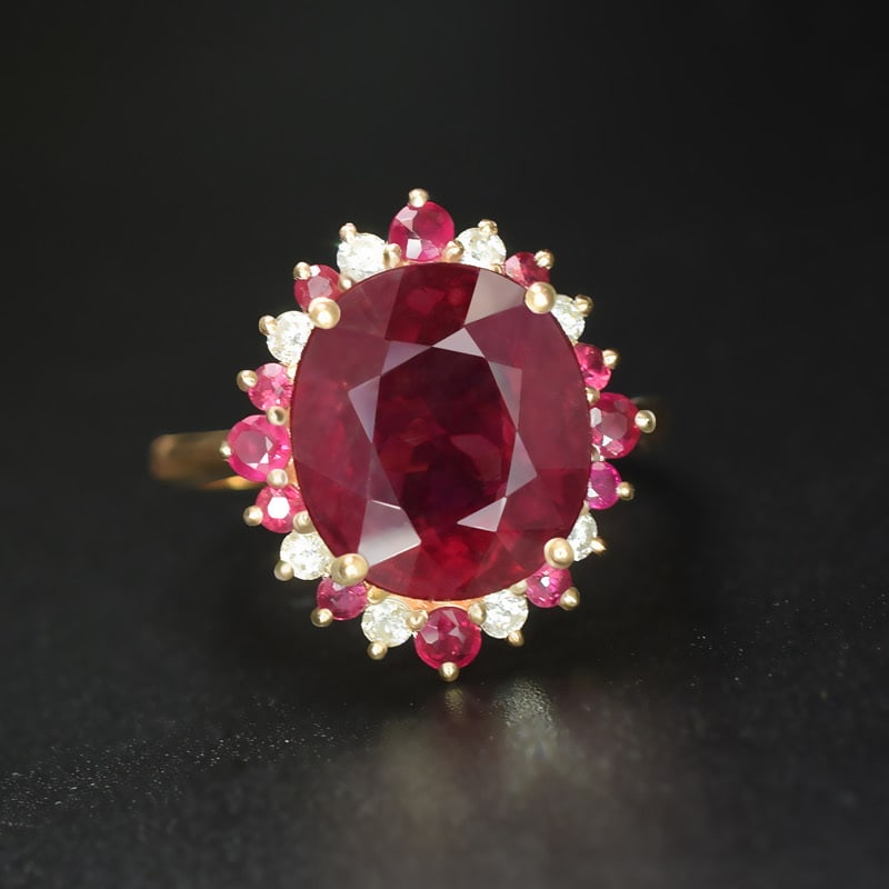 14k Gold 5.13 Ctw Natural Tourmaline & Diamond Ring: Ref:231044021 // gold content:14k gold // ring size:7. 25us // // main gemstone:tourmaline // shape:oval // carat weight:4. 95ct // color:red // treatment:natural // // adjacent gemstone 2 : diamond /