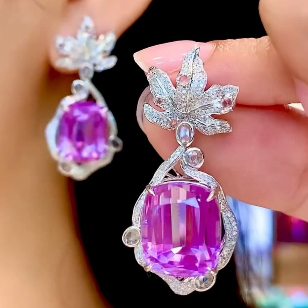 14k Gold 33.5 Ct Natural Kunzite & Diamond & Sapphire Earrings - 2