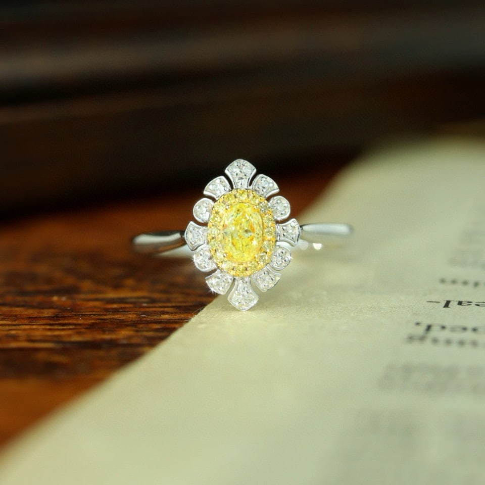 14k Gold 0.33 Ctw Natural Yellow Diamond & Diamond Ring: Ref:231044072 // gold content:14k gold // ring size:7. 25us // // main gemstone:yellow diamond // shape:oval // carat weight:0. 23ct // color:yellow // treatment:natural // // adjacent gemstone 2 :