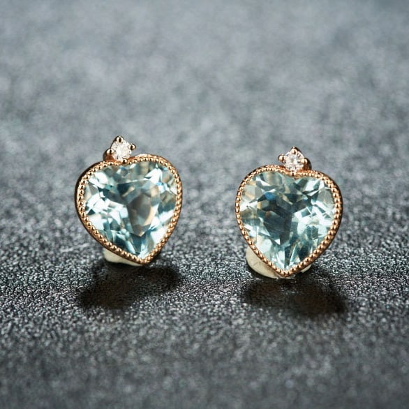14k Gold 2.86 Ct Natural Aquamarine & Diamond Earrings - 6