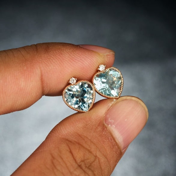 14k Gold 2.86 Ct Natural Aquamarine & Diamond Earrings - 7