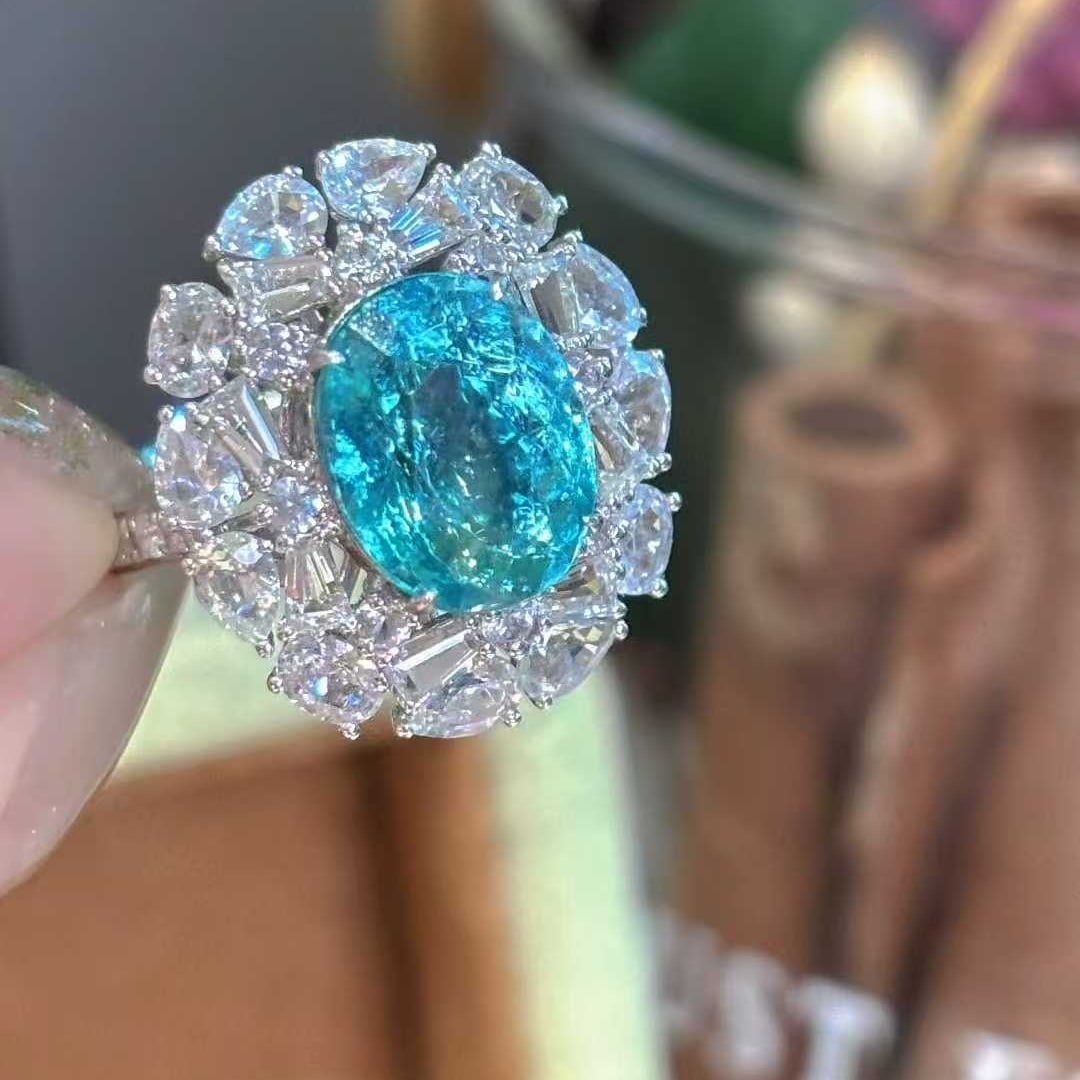 14k Gold 3.75 Ct Natural Paraiba Tourmaline & Diamond & Sapphire Ring: Ref:231044157 // gold content:14k gold // ring size:7. 25us // // main gemstone:paraiba tourmaline // shape:oval // carat weight:3. 75ct // color:blue // treatment:natural // // adjacent gemstone 2 : 