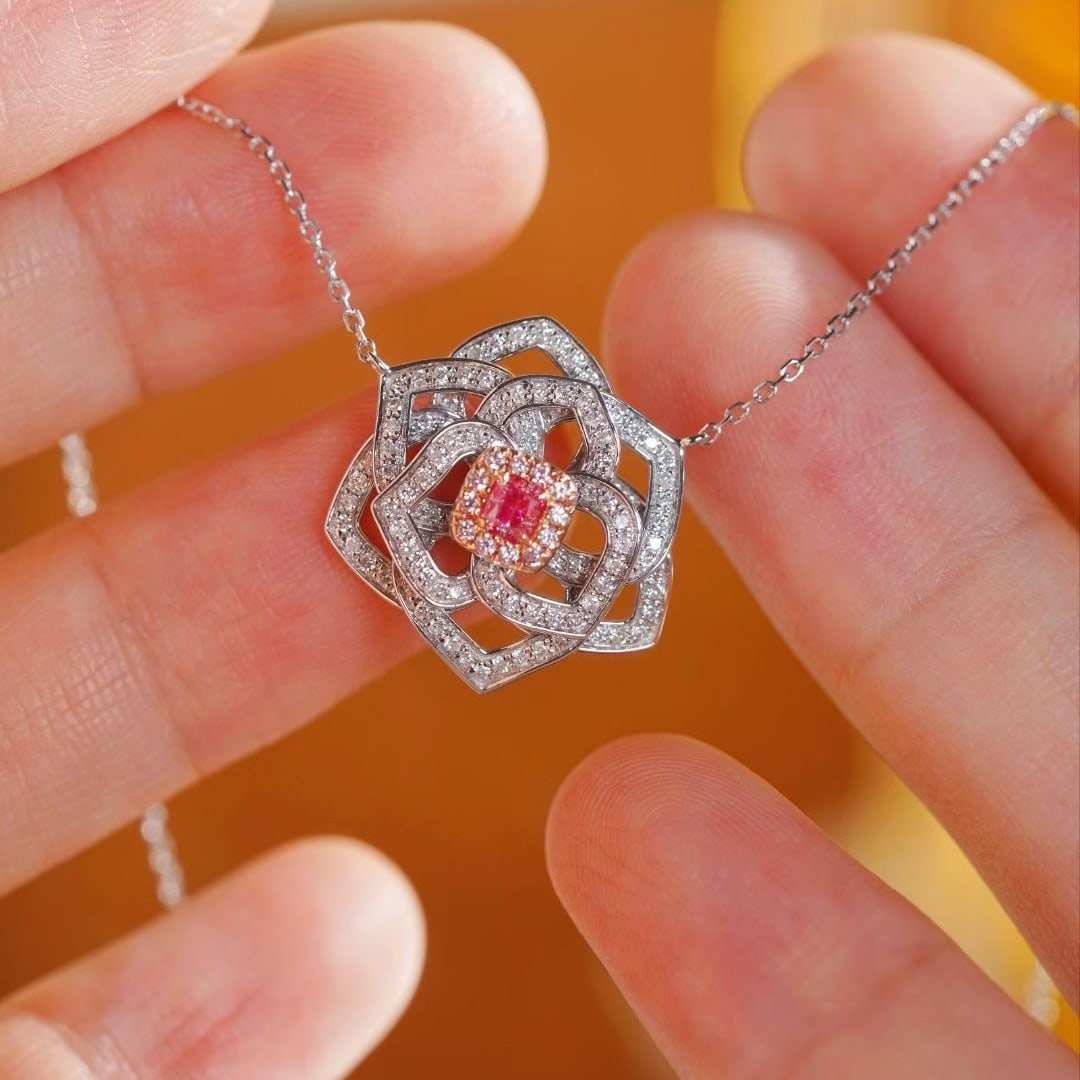 14k Gold 0.65 Ctw Natural Pink Diamond & Diamond Necklace: Ref:231044164 // gold content:14k gold // main gemstone:pink diamond // shape:cushion // carat weight:0. 12ct // color:pink // treatment:natural // // adjacent gemstone 2 : diamond // shape:round //