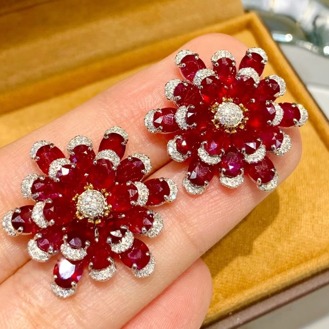 14k Gold 11.25 Ct Natural Ruby & Diamond Earrings - 2