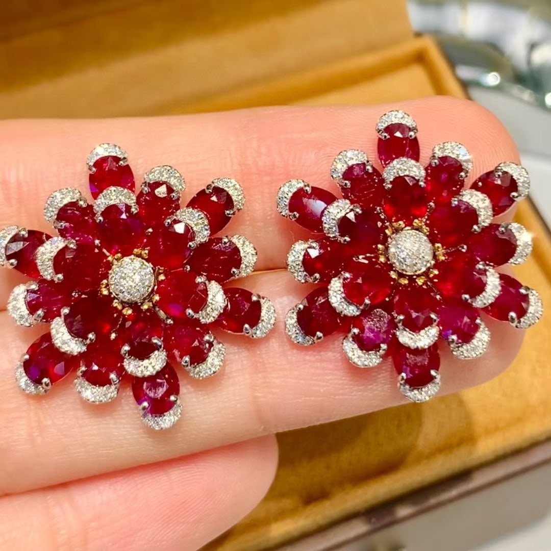 14k Gold 11.25 Ct Natural Ruby & Diamond Earrings - 3