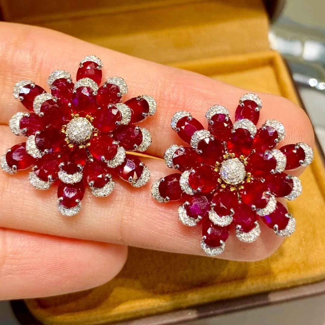 14k Gold 11.25 Ct Natural Ruby & Diamond Earrings - 4