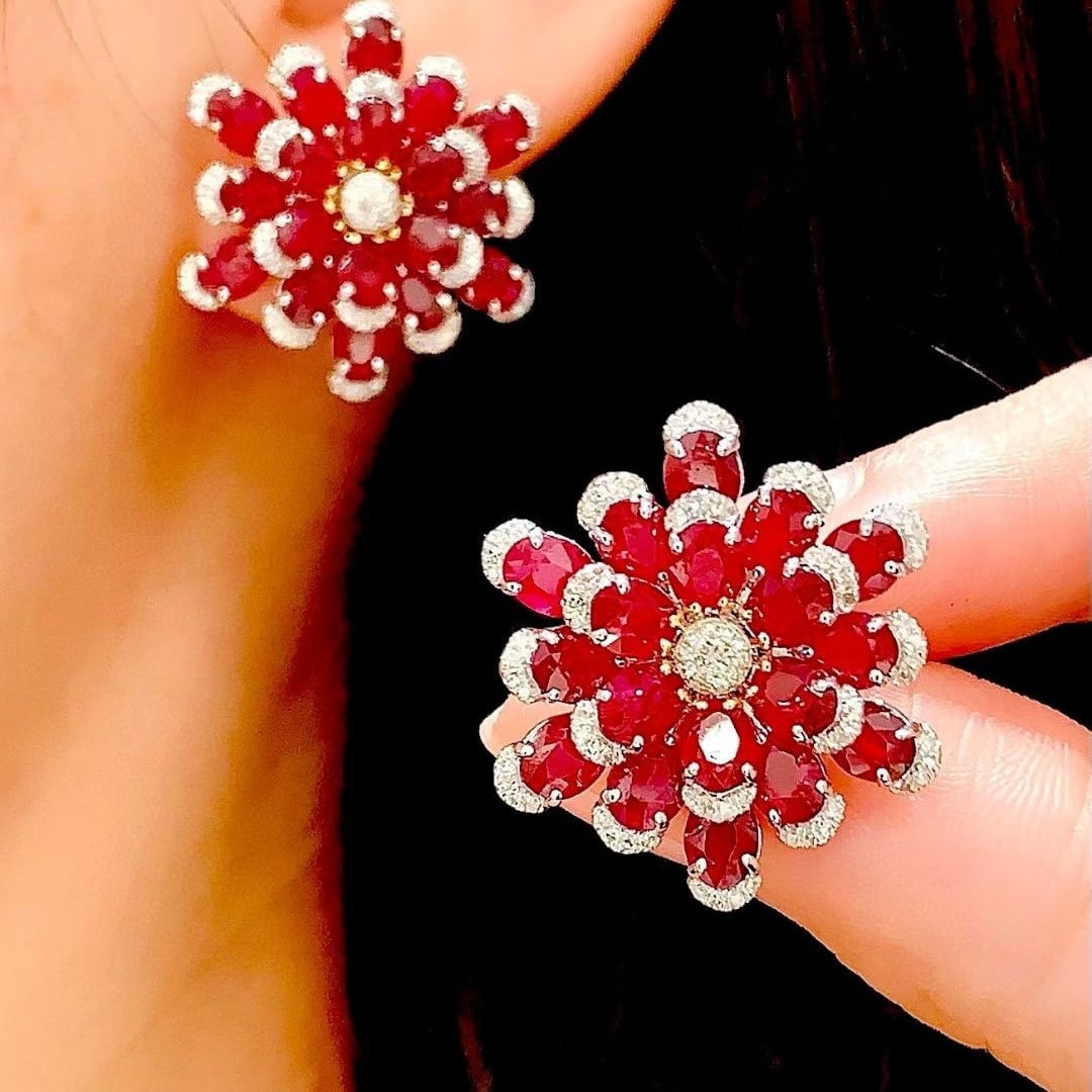 14k Gold 11.25 Ct Natural Ruby & Diamond Earrings - 6
