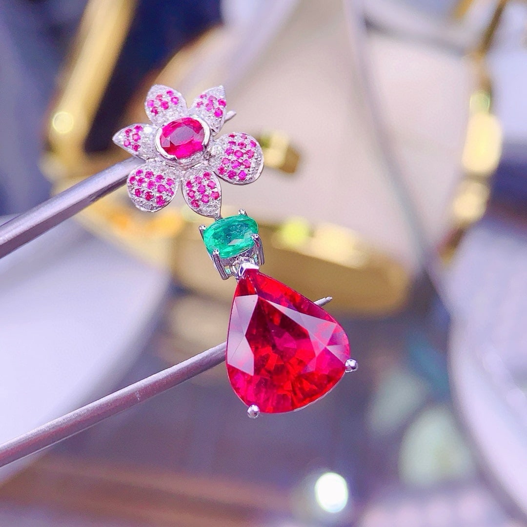 14k Gold 7.9 Ct Natural Tourmaline & Ruby & Emerald & Diamond Pendant( Without Chain ) - 2