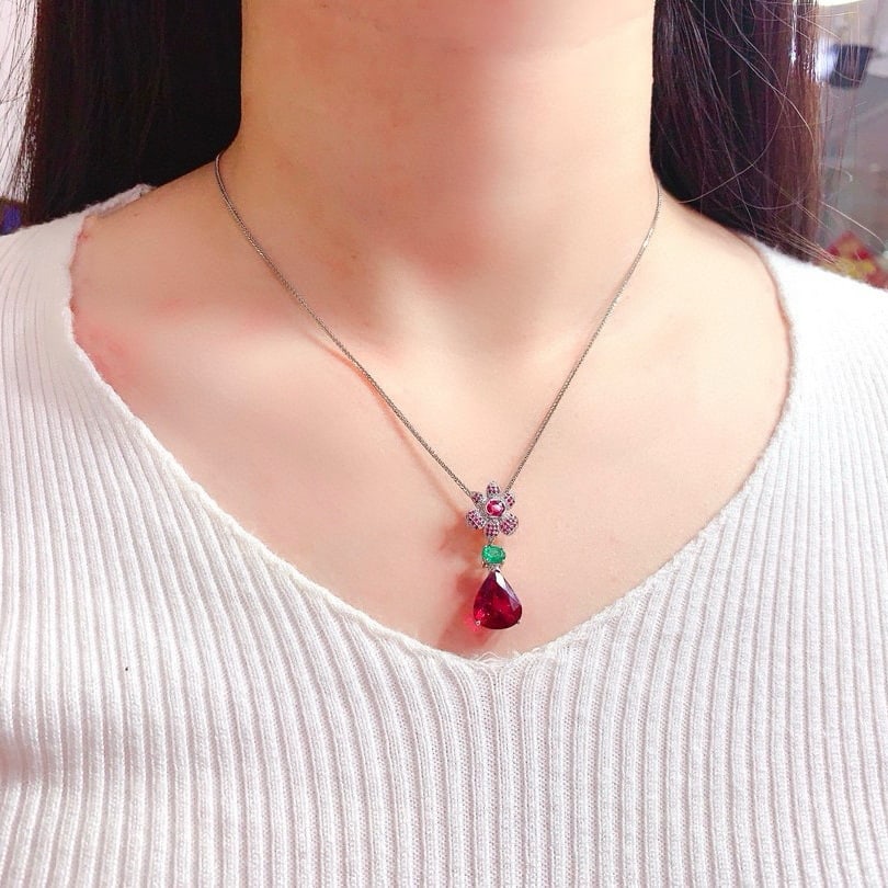 14k Gold 7.9 Ct Natural Tourmaline & Ruby & Emerald & Diamond Pendant( Without Chain ) - 7