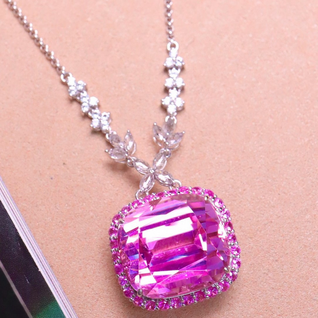 14k Gold 34.84 Ctw Natural Kunzite & Sapphire Necklace - 2