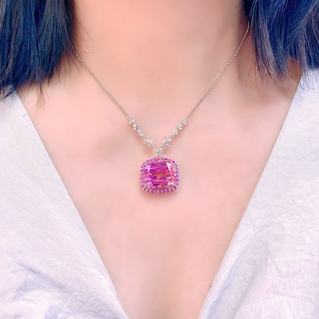 14k Gold 34.84 Ctw Natural Kunzite & Sapphire Necklace - 8