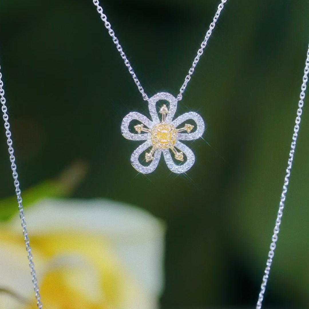 14k Gold 0.5 Ctw Natural Yellow Diamond & Diamond & Flowers Necklace - 2