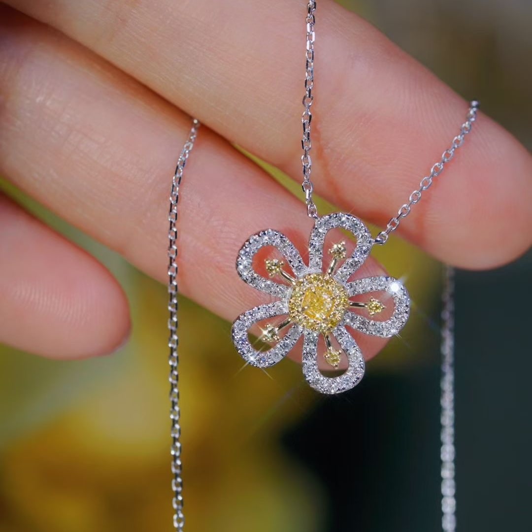 14k Gold 0.5 Ctw Natural Yellow Diamond & Diamond & Flowers Necklace - 3