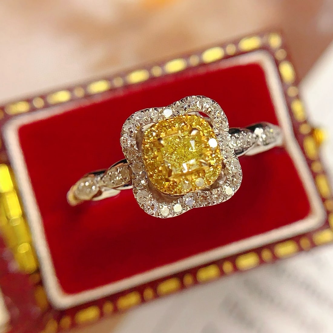 14k Gold 0.3 Ct Natural Yellow Diamond & Diamond Ring: Ref:231044223 // gold content:14k gold // ring size:7. 25us // // main gemstone:yellow diamond // shape:cushion // carat weight:0. 3ct // color:yellow // treatment:natural // // adjacent gemstone 2 :