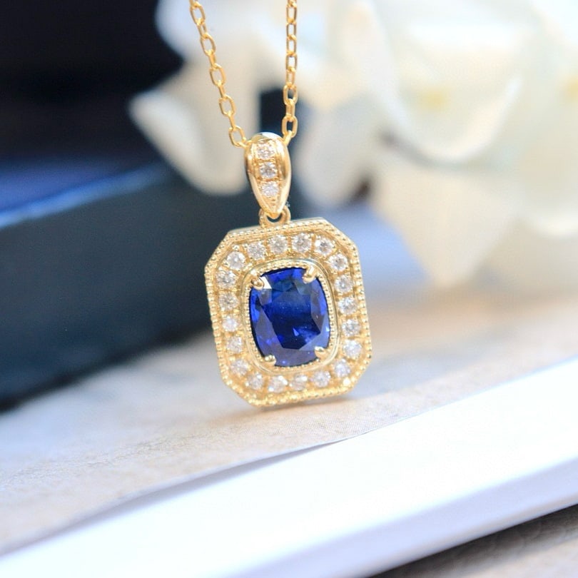 14k Gold 1.01 Ct Natural Sapphire & Diamond Pendant( Without Chain ): Ref:231044232 // gold content:14k gold // main gemstone:sapphire // shape:cushion // carat weight:1. 01ct // color:royal blue // treatment:natural // // adjacent gemstone 2 : diamond // shape:round