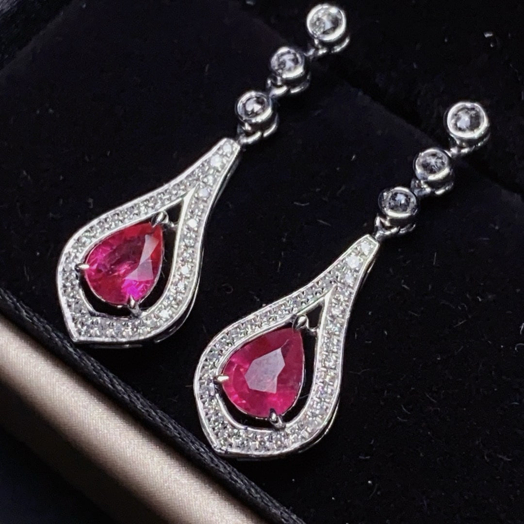 14k Gold 1.16 Ct Natural Ruby & Diamond & Sapphire Earrings - 2