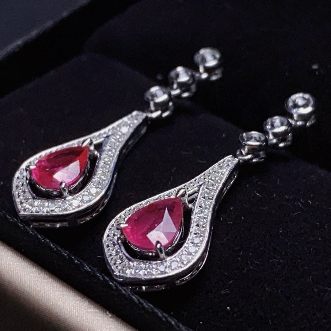 14k Gold 1.16 Ct Natural Ruby & Diamond & Sapphire Earrings - 3