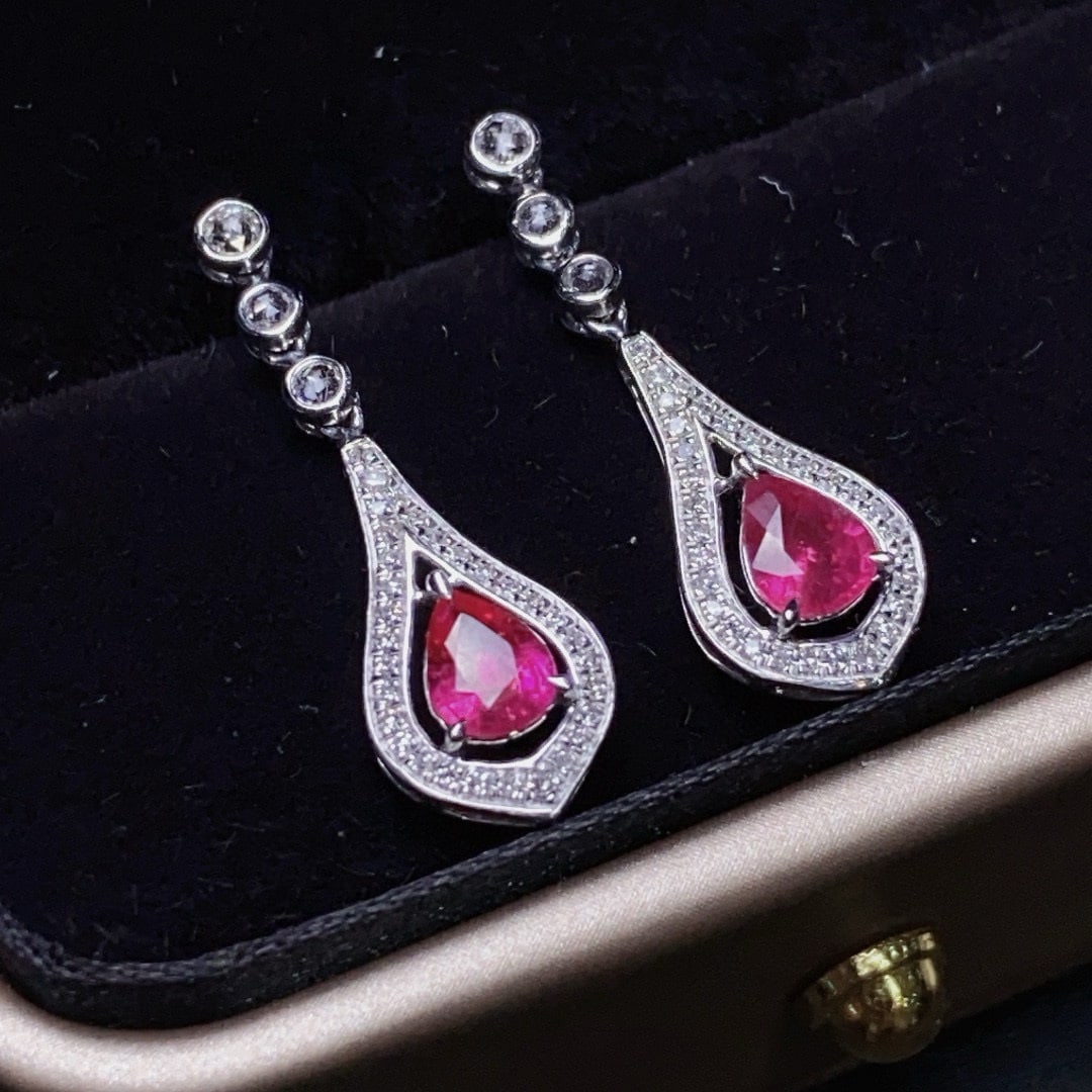 14k Gold 1.16 Ct Natural Ruby & Diamond & Sapphire Earrings - 5