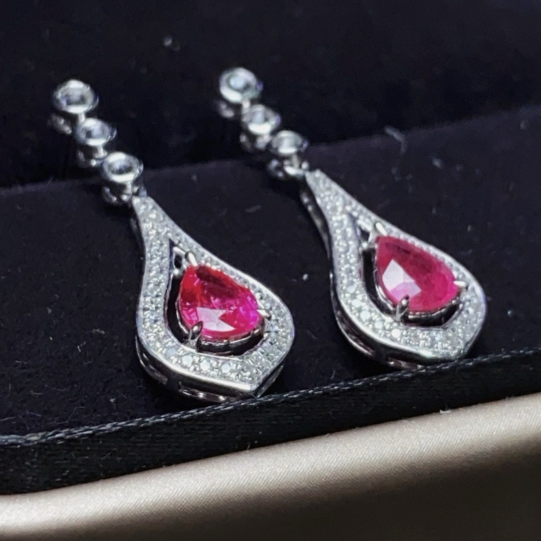14k Gold 1.16 Ct Natural Ruby & Diamond & Sapphire Earrings - 6