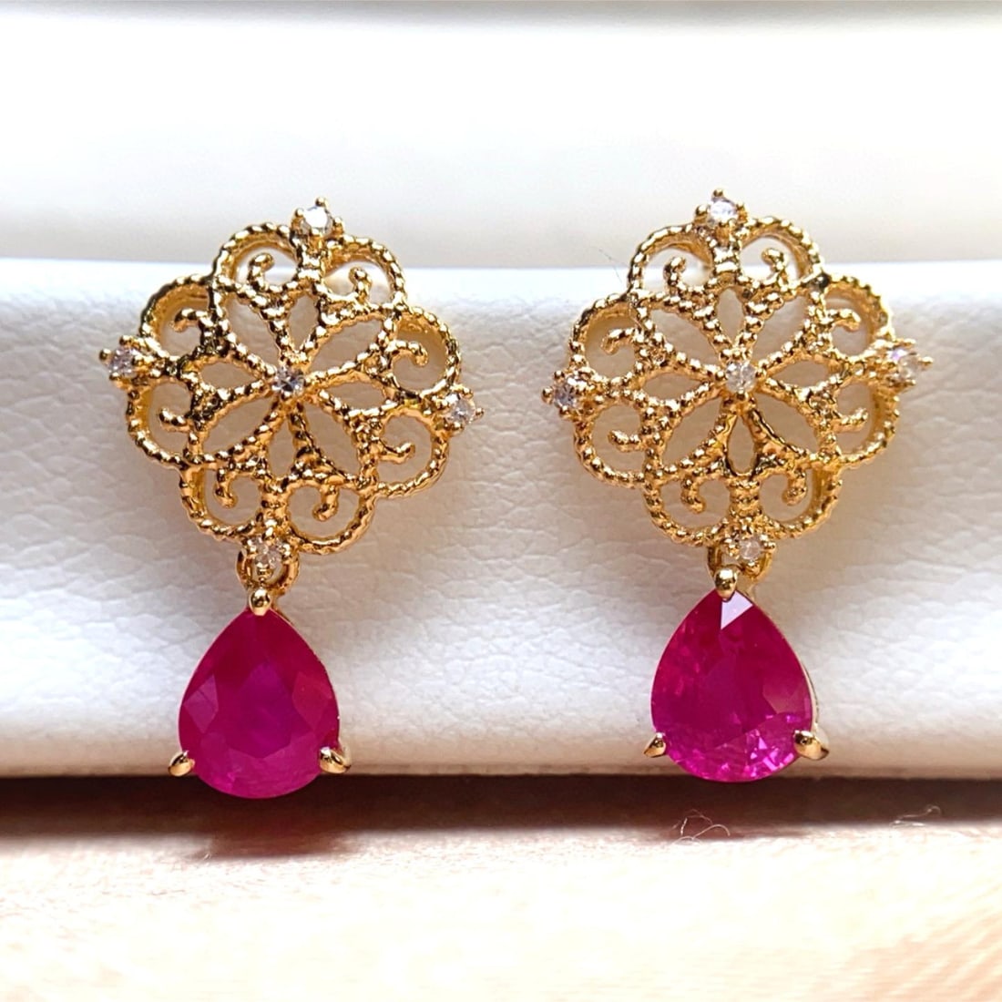 14k Gold 1.40 Ct Natural Ruby & Diamond Earrings - 2