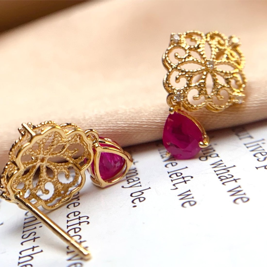 14k Gold 1.40 Ct Natural Ruby & Diamond Earrings - 3