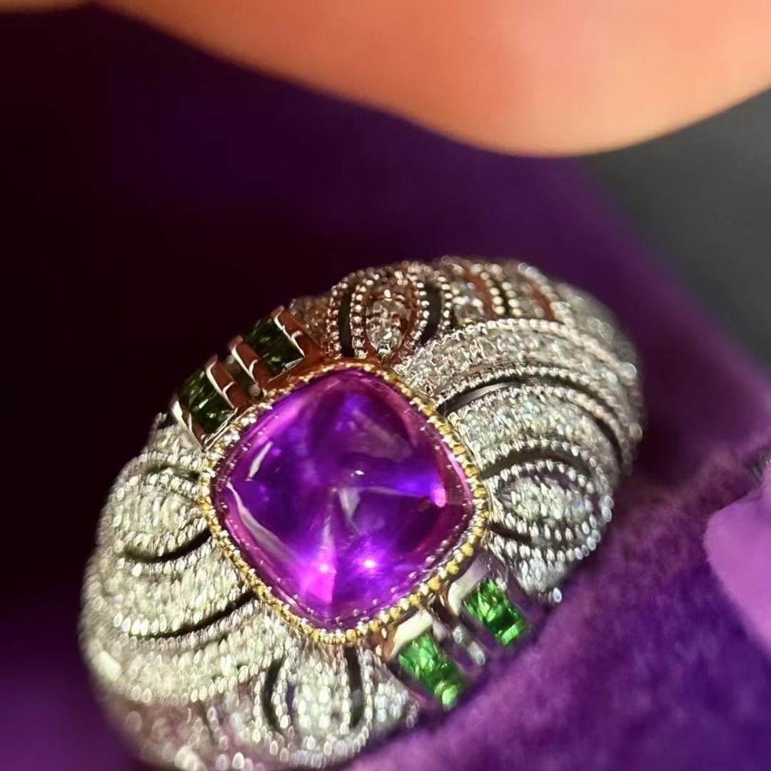 14k Gold 3.18 Ctw Natural Sapphire & Diamond Ring: Ref:231044277 // gold content:14k gold // ring size:7. 25us // // main gemstone:sapphire // shape:suger-loaf // carat weight:2. 68ct // color:purple // treatment:natural // // adjacent gemstone 2 : di