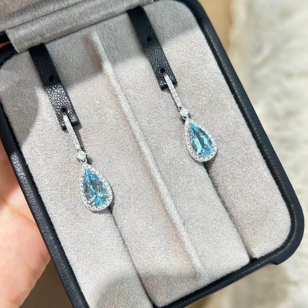 14k Gold 3.27 Ctw Natural Aquamarine & Diamond Earrings - 2
