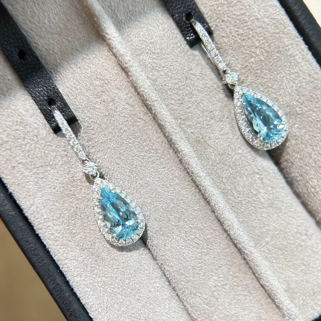 14k Gold 3.27 Ctw Natural Aquamarine & Diamond Earrings - 4