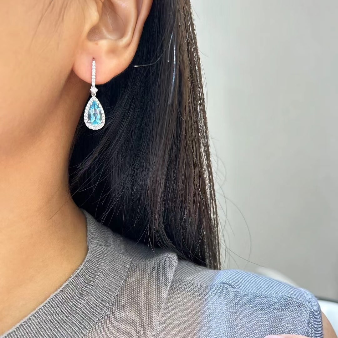 14k Gold 3.27 Ctw Natural Aquamarine & Diamond Earrings - 5