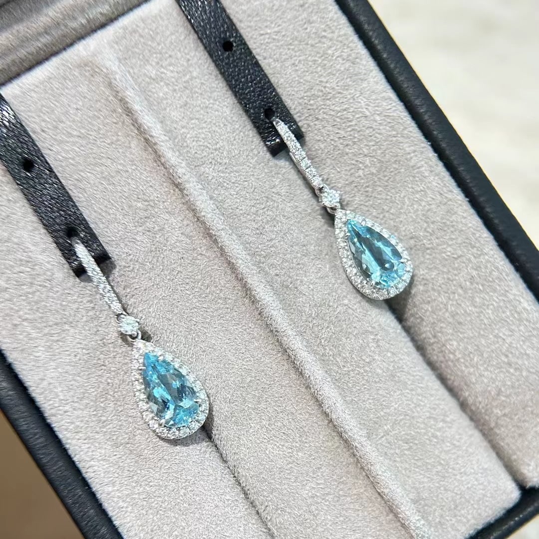 14k Gold 3.27 Ctw Natural Aquamarine & Diamond Earrings - 6