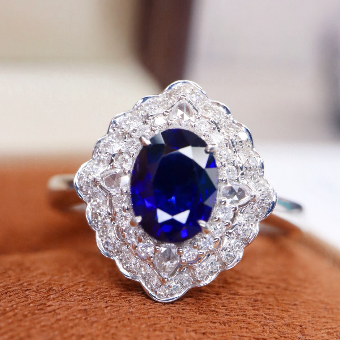 14k Gold 1.35 Ctw Natural Sapphire & Diamond Ring: Ref:231044352 // gold content:14k gold // ring size:7. 25us // // main gemstone:sapphire // shape:oval // carat weight:1. 10ct // color:royal blue // treatment:natural // // adjacent gemstone 2 :