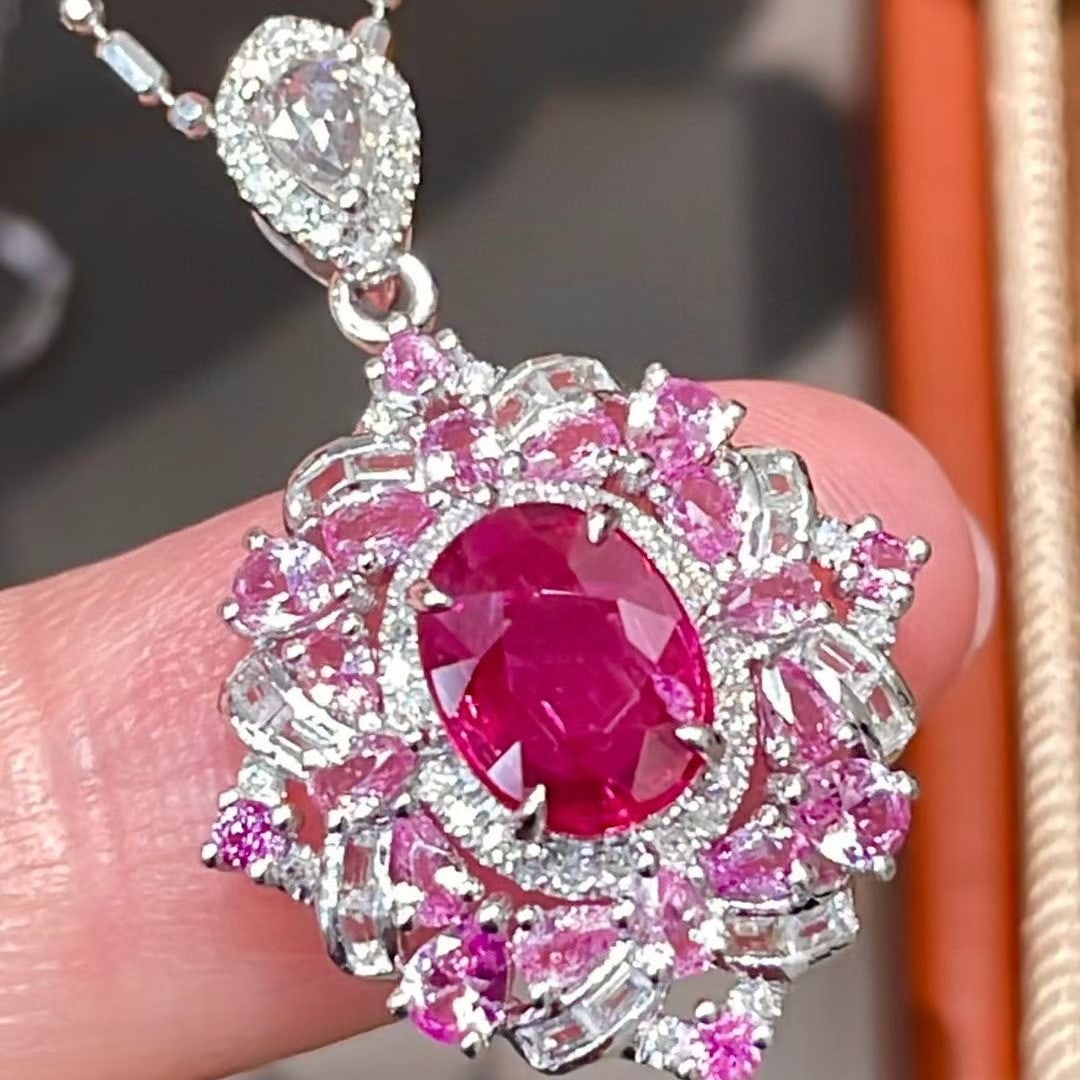 14k Gold 1 Ct Natural Ruby & Diamond & Sapphire Pendant( Without Chain ): Ref:231044355 // gold content:14k gold // main gemstone:ruby // shape:oval // carat weight:1ct // color:red // treatment:natural // // adjacent gemstone 2 : diamond // shape:round // clarity
