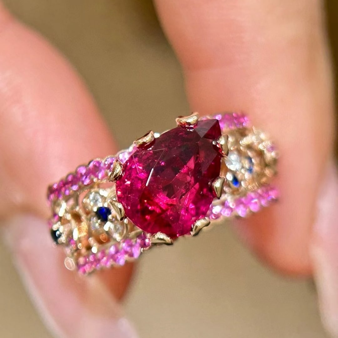 14k Gold 3.9 Ctw Natural Tourmaline & Sapphire Ring - 2
