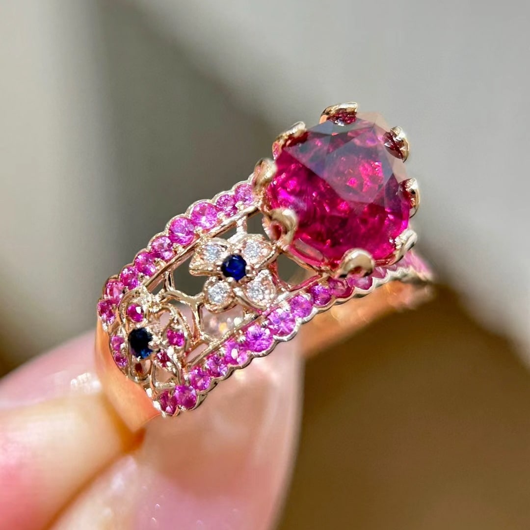 14k Gold 3.9 Ctw Natural Tourmaline & Sapphire Ring - 4