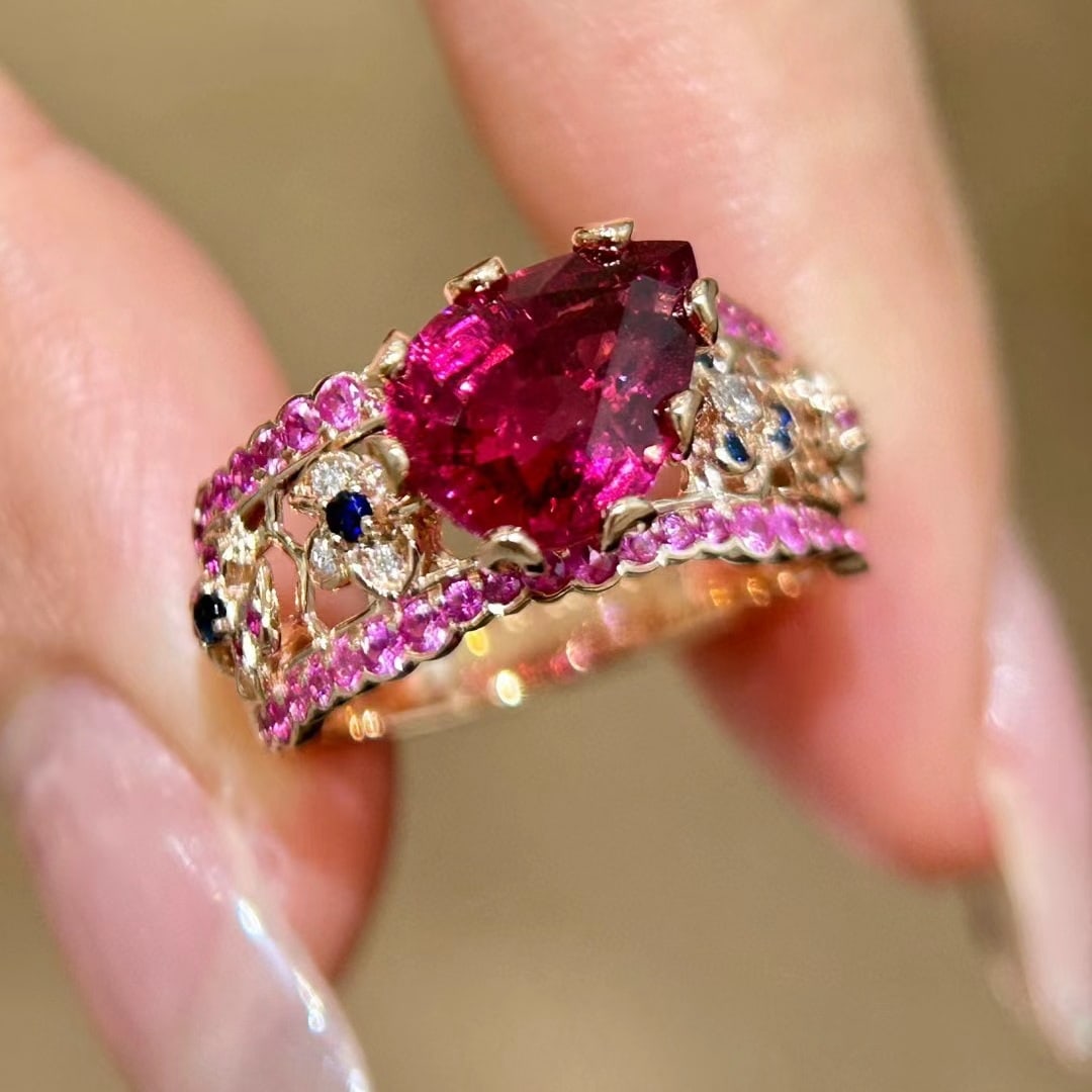 14k Gold 3.9 Ctw Natural Tourmaline & Sapphire Ring - 6